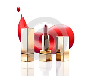 Realistic lipstick cosmetic makeup mockup set. Vector 3d pink red golden color pomade tube and lipstick smudge smear