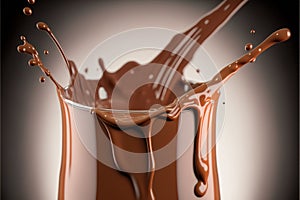 Realistic liquid chocolate or cocoa with splashes and drops is poured into a glass goblet from above close-up.