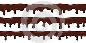 Realistic liquid chocolate. Melted 3D frame of dripping cocoa drink. Vector chocolate waves isolated on white background