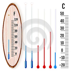 Realistic liquid thermometer with celsius and fahrenheit scales, red and blue indicator. Vector illustration