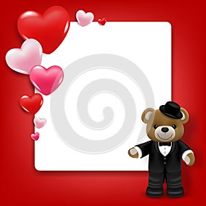 Realistic little cute smiling bear doll character stand in front of white frame with hearts. Vector illustration of love and valen