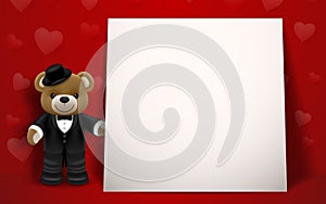 Realistic little cute smiling bear doll wear tuxedo character holding a gift box and standing next to white frame on red backgroun