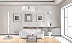 Realistic Living Room Interior Light Tones
