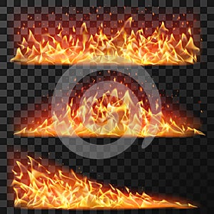 Realistic long fire. Horizontal bright flames and flare sparks for burning effect. Bonfire blaze elements for banners