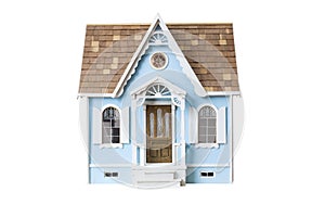 Realistic looking wooden dollhouse isolated on whi