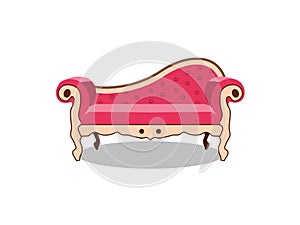 Realistic luxurious pink sofa with carved legs isolated on background. Gilded antique royal couch in victorian style