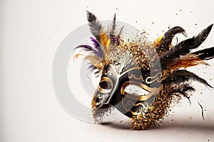 Realistic luxury carnival mask with feathers, gold dust, and light effects. Generative Ai
