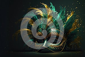 Realistic luxury carnival mask with green feathers. Abstract blurred green background, gold dust, and light effects. Generative ai