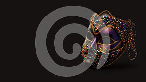 Realistic luxury carnival mask for Mardi Gras on dark background, panoramic banner with copy-space, place for text. Generative AI