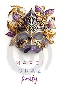 Realistic luxury carnival mask for Mardi Gras isolated on white background, panoramic banner with text Mardi Gras party.