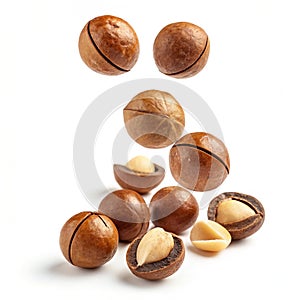 Falling macadamia nuts realistic nuts isolated on white background