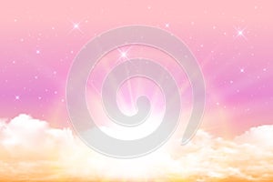 Realistic magical sunrise in pastel colors against a background of stars and white clouds. Vector background morning sunny sky