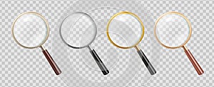 Realistic magnifier glass set. Zoom tools loupe scrutiny lens optical microscope. Realistic isolated 3d vector