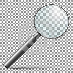 Realistic magnifier. Magnifying glass lens or zooming loupe silver handle instrument isolated vector