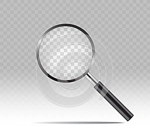 Realistic magnify glass in mockup style on transparent background. Detective concept loupe with zoom. Magnifying glass icon. Black