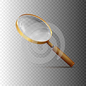 Realistic magnifying glass in gold frame isolated on transparent background.