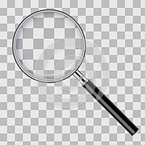 Realistic magnifying glass isolated on transparent checkered background. Vector illustration.