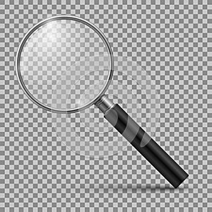 Realistic magnifying glass. Magnification zoom loupe, scrutiny microscope magnify lens. Detective tool isolated mockup photo
