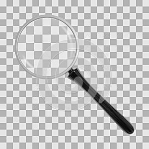 Realistic magnifying glass with transparent lens and black glossy handle. Vector illustration.