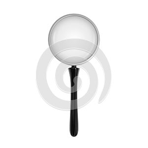 Realistic magnifying glass with transparent lens and black glossy handle. Vector illustration.