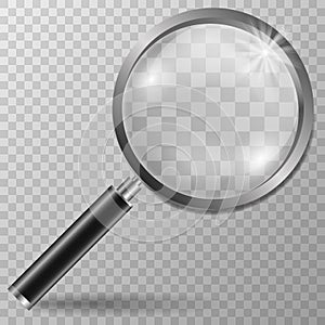 Realistic Magnifying glass on transparent vector background.