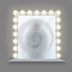 Realistic makeup mirror. Glass in bulbs frame with table. Shadow reflection, equipment for dressing room vector