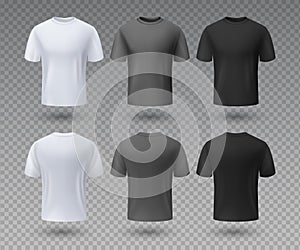 Realistic male t-shirt. White and black mockup, front and back view 3D isolated design template. Vector sport wear and