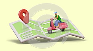 Realistic man driving scooter on open paper map with red pin