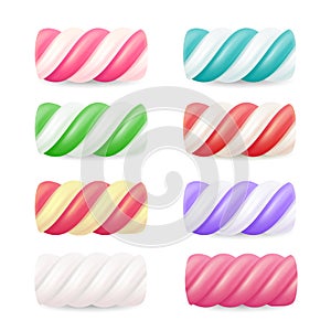 Realistic Marshmallow Candy Vector. Set Colorful Twisted Marshmallows