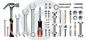 Realistic mechanic tools. 3D construction instrument set. Metal wrench and hummer, isolated screwdriver. Iron nails or screws with