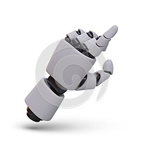 Realistic mechanical hand pointing up with index finger, pressing. Artificial technology