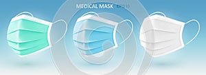 Realistic medical face masks 3d isolated vector illustration. Disposable breathing medical respiratory face mask. Covid-19, diseas