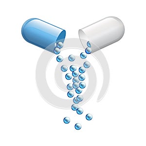 Realistic medical opened capsule pill. Vitamin antibiotic 3D medicine drug for concept improve health. Vector capsules