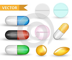 Realistic Medical pill capsule set. 3d drugs and tablets collection. Medicines Antibiotics, vinamines, fish oils