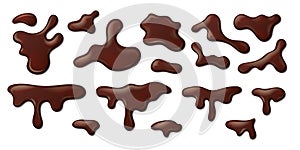 Realistic melted chocolate. Liquid drips and splashes of dark brown syrup on white background. Vector isolated 3D