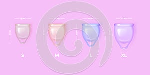 Realistic menstrual cups. 3d menstruation cup different size width height, nature feminine hygiene medical product for