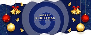 realistic merry christmas festival banner with xmas ornaments