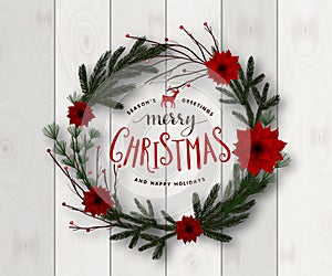 Realistic Merry Christmas wreath vector illustration on wood background