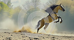 Realistic mesmerizing Illustration of beautiful beige golden stallion rearing, created with Generative AI technology
