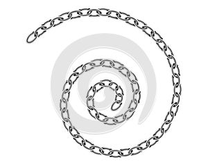 Realistic metal chain texture. Spiral swirl chains link isolated on white background. Strong iron chainlet solid three dimensional