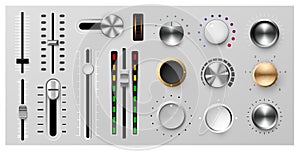 Realistic metal dashboard dial. Radio panel knobs. Round buttons and adjustment levels for stereo sound and music