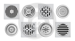 Realistic Metal Drainage Grates Icon Set