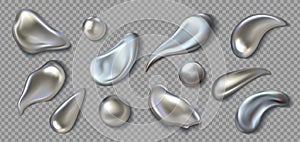 Realistic metal drops. 3D chrome paint splash. Mercury drip and liquid silver blob shapes. Melted smears or round