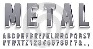 Realistic metal font. Shiny metallic letters with shadows, chrome text and metals alphabet 3D vector set