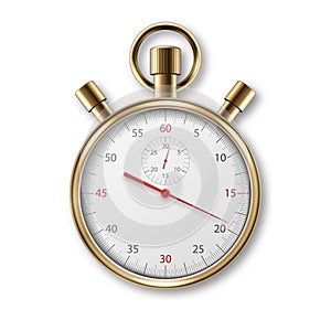 Realistic Metal Golden Classic Stopwatch Icon Closeup Isolated on White Background. Stop-watch Design Template. Sport