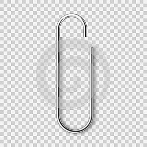 Realistic metal paper clip isolated on transparent background. Page holder, binder. Vector illustration.