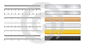 Realistic metal and plastic rulers. Measurement scales with divisions. Scale for measuring length or height in