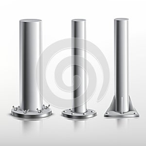 Realistic metal pole. Metalic or aluminum base of steel pillar, iron structure pipe for lighting road, round palo
