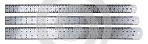 Realistic metal ruler. Measuring tool, 12 inches and 30 centimeters rulers isolated vector set