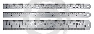 Realistic metal ruler. Vector markup for 10 inches and 25 centimeters rulers. Realistic metal ruler measuring tool